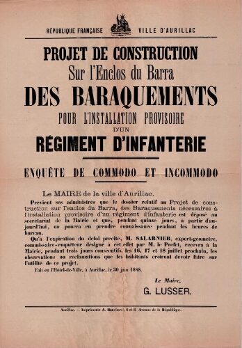 Affiche du projet de construction du Barra pour l'installation provisoire d'un régiment d'infanterie