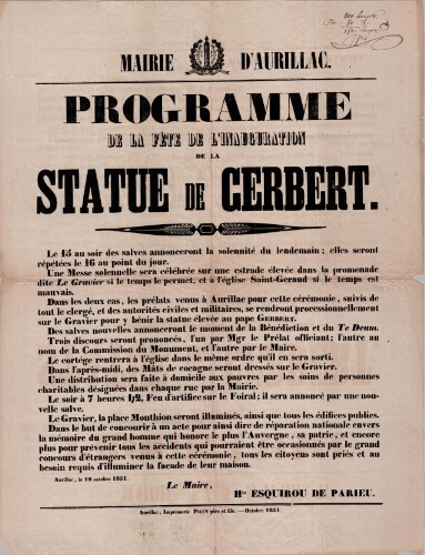 Affiche pour le programme de la fête d’inauguration de la statue du pape Gerbert